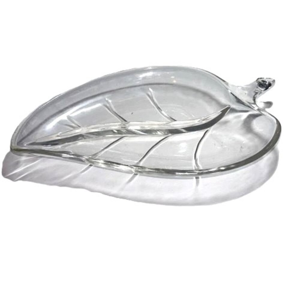 Leaf Shaped Glass Divided Serving Tray Candy Nut Dish 9.25" L x 5 .5 " W x 1.25"